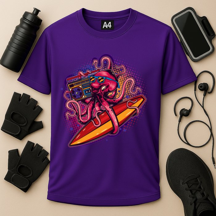 Retro Eighties 80's Surfer Octopus Cooling Performance Crew T-Shirt