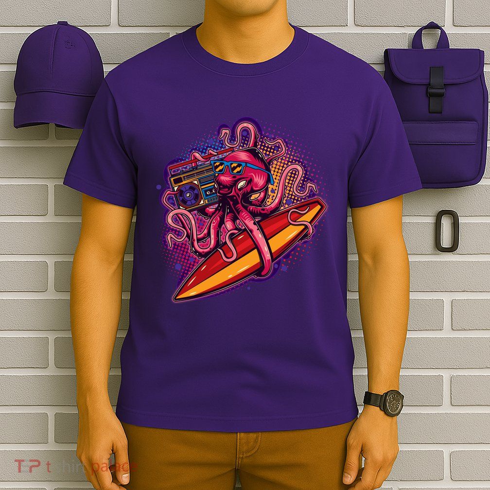 Retro Eighties 80's Surfer Octopus T-Shirt