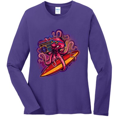 Retro Eighties 80's Surfer Octopus Ladies Long Sleeve Shirt