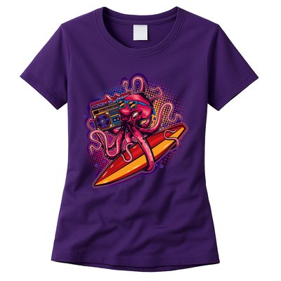 Retro Eighties 80's Surfer Octopus Womens T-Shirt