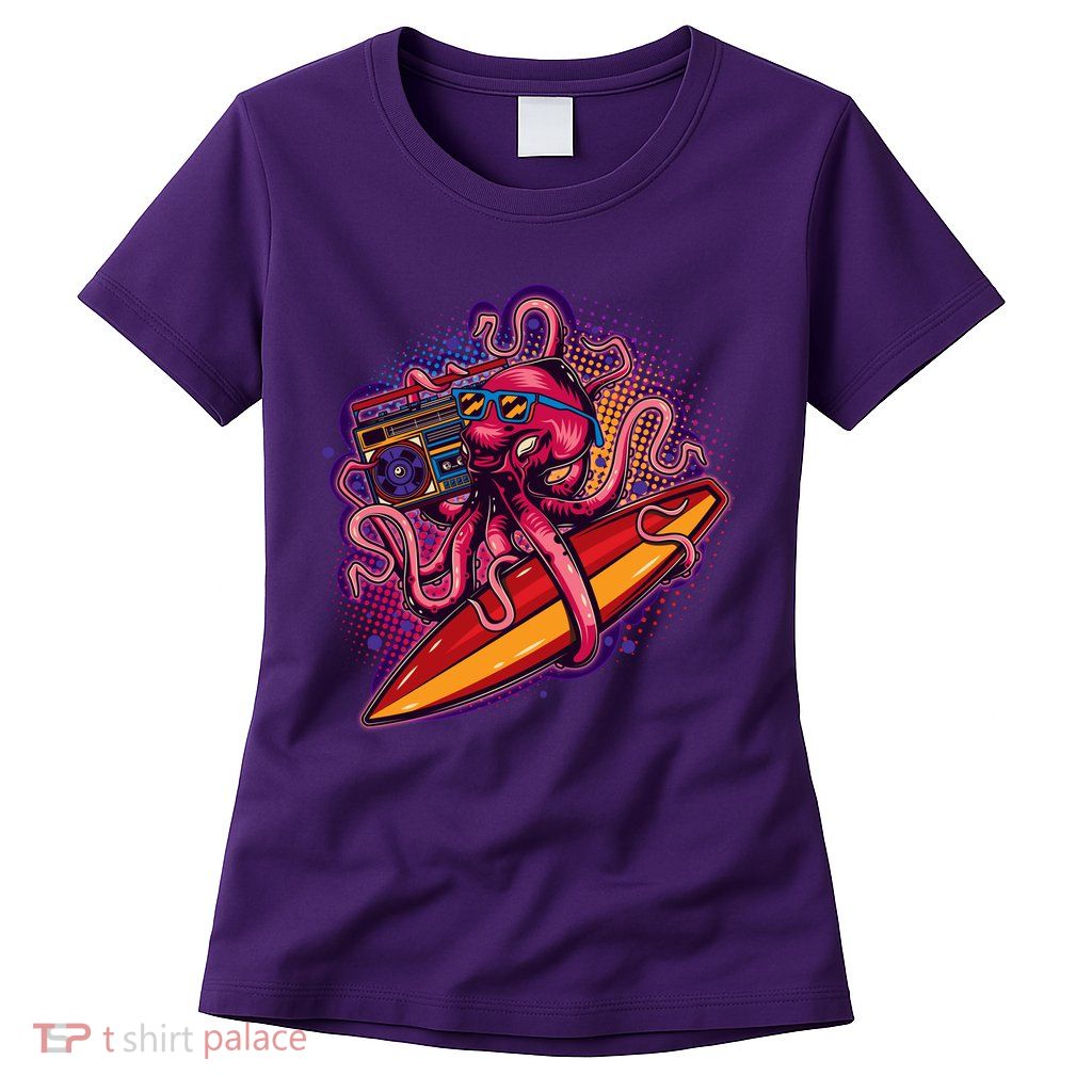 Retro Eighties 80's Surfer Octopus Womens T-Shirt