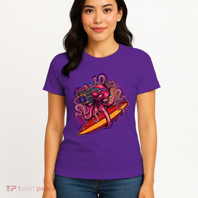 Retro Eighties 80's Surfer Octopus Womens T-Shirt