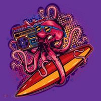Retro Eighties 80's Surfer Octopus Womens T-Shirt
