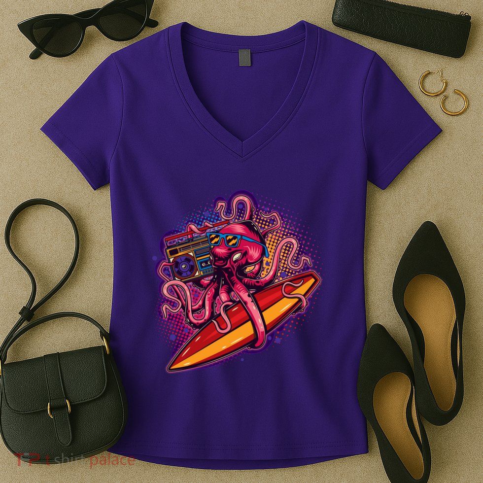Retro Eighties 80's Surfer Octopus Women's V-Neck T-Shirt