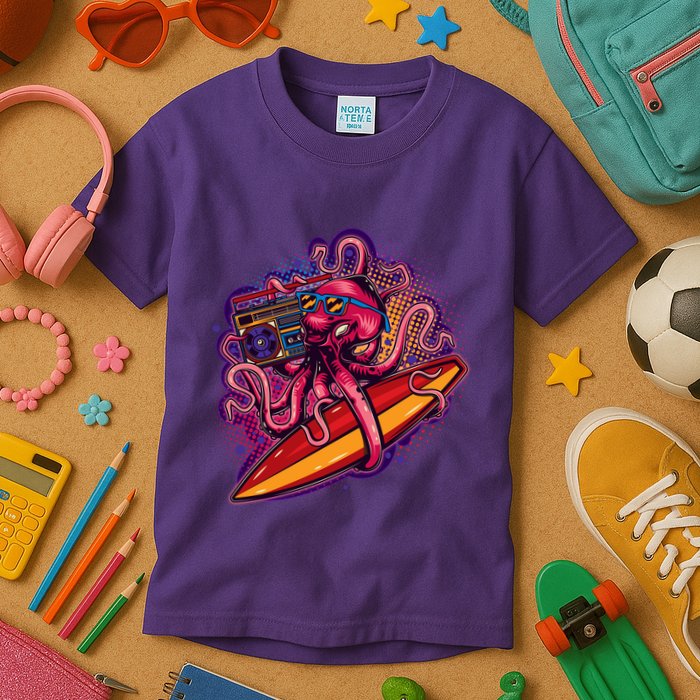 Retro Eighties 80's Surfer Octopus Kids T-Shirt