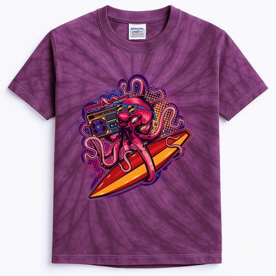Retro Eighties 80's Surfer Octopus Kids Tie-Dye T-Shirt