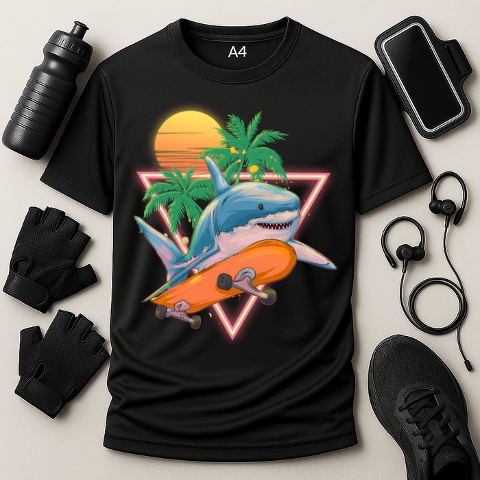 Retro Eighties 80's Skateboarding Shark Cooling Performance Crew T-Shirt