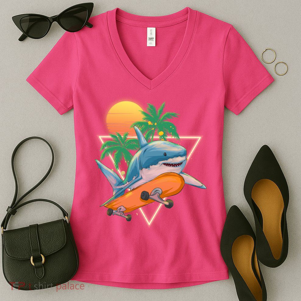 Retro Eighties 80's Skateboarding Shark Women's V-Neck T-Shirt