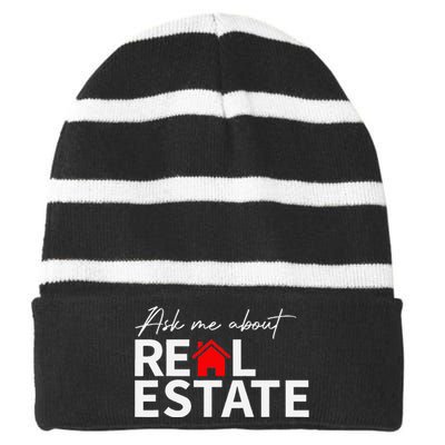 Real Estate Agent Funny Realtors Ask Me About Real Estate Striped Beanie with Solid Band