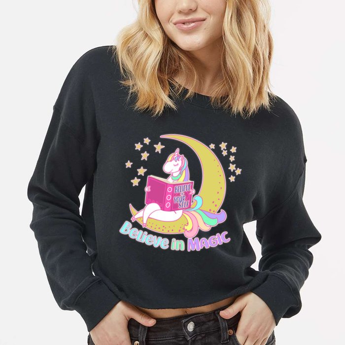 Reading Unicorn Believe In Yourself & Magic Cropped Pullover Crew