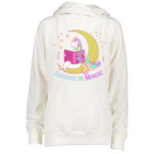 Reading Unicorn Believe In Yourself & Magic Womens Funnel Neck Pullover Hood