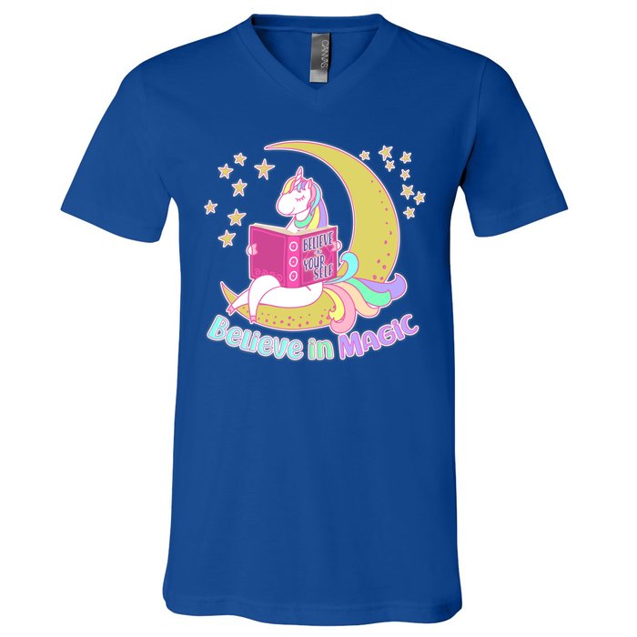 Reading Unicorn Believe In Yourself & Magic V-Neck T-Shirt