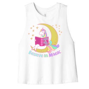 Reading Unicorn Believe In Yourself & Magic Women's Racerback Cropped Tank