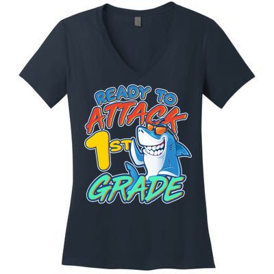 Ready To Attack 1st Grade Shark Women's V-Neck T-Shirt