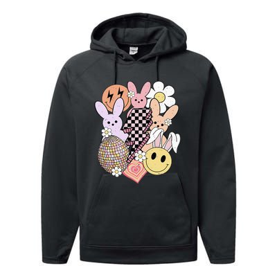 Retro Easter Bunny Smile Face Groovy Easter Day Performance Fleece Hoodie