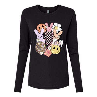 Retro Easter Bunny Smile Face Groovy Easter Day Womens Cotton Relaxed Long Sleeve T-Shirt