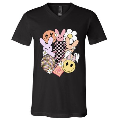 Retro Easter Bunny Smile Face Groovy Easter Day V-Neck T-Shirt