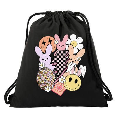 Retro Easter Bunny Smile Face Groovy Easter Day Drawstring Bag
