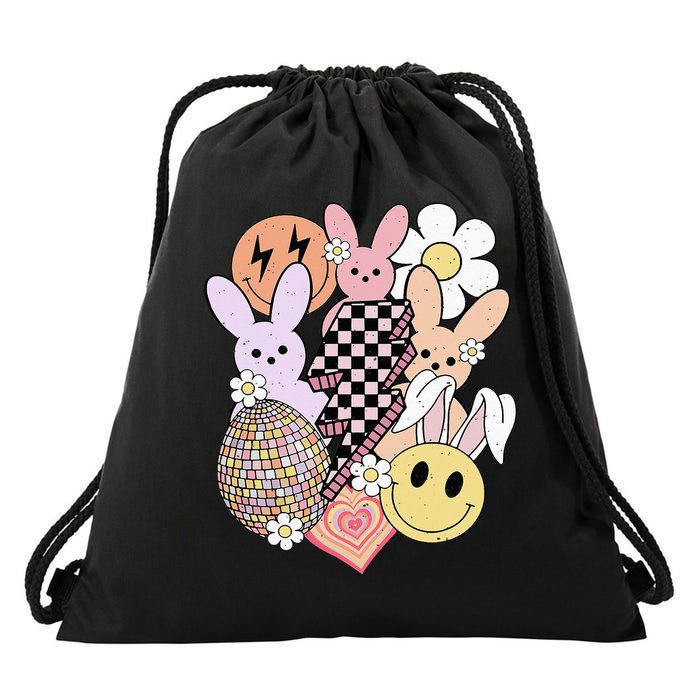 Retro Easter Bunny Smile Face Groovy Easter Day Drawstring Bag