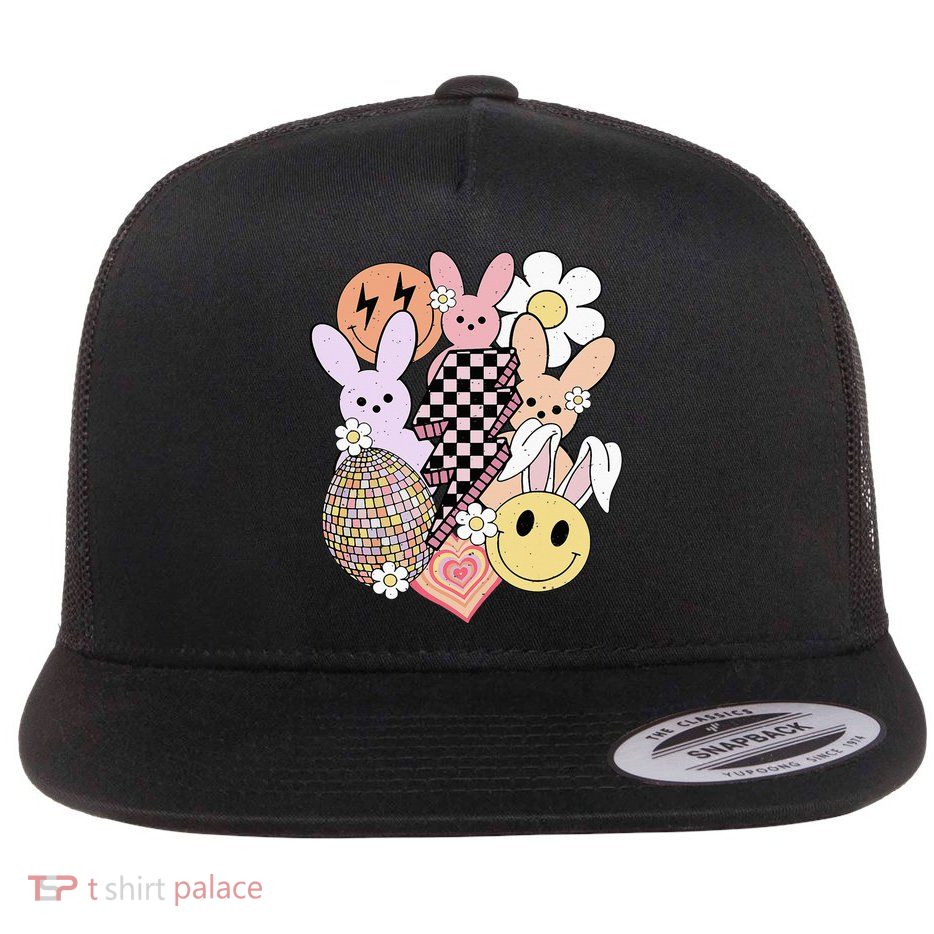 Retro Easter Bunny Smile Face Groovy Easter Day Flatbill Hat