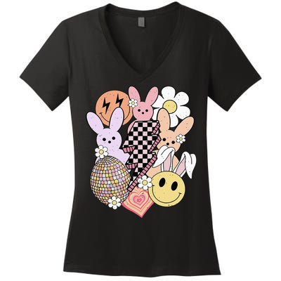 Retro Easter Bunny Smile Face Groovy Easter Day Women's V-Neck T-Shirt