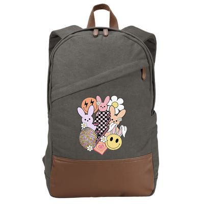 Retro Easter Bunny Smile Face Groovy Easter Day Cotton Canvas Backpack