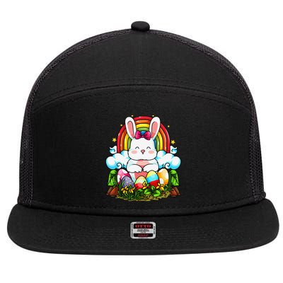 Rainbow Easter Bunny Rabbit Eggs Hunt Cute Colorful Graphic 7 Panel Mesh Trucker Snapback Hat