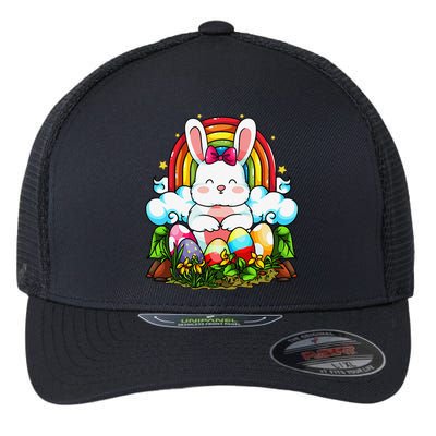 Rainbow Easter Bunny Rabbit Eggs Hunt Cute Colorful Graphic Flexfit Unipanel Trucker Cap