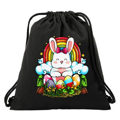 Rainbow Easter Bunny Rabbit Eggs Hunt Cute Colorful Graphic Drawstring Bag
