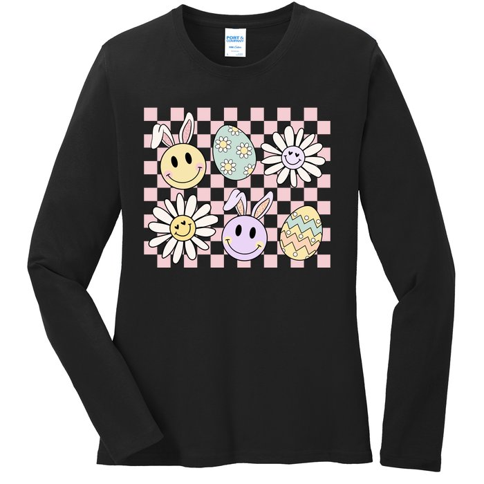 Retro Easter Bunny Floral Easter Egg Ladies Long Sleeve Shirt