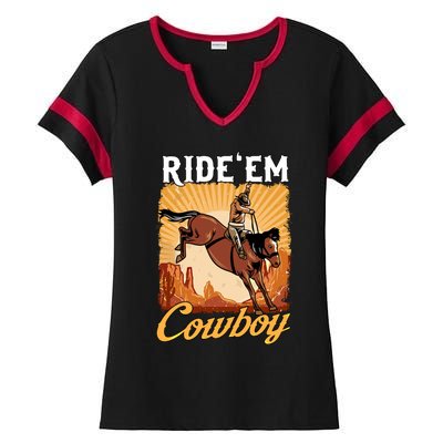 Ride 'Em Cow Rodeo Lover Galloping Horse Cool Gift Ladies Halftime Notch Neck Tee