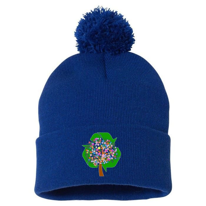Recycle Reuse Reduce Flower Tree Pom Pom 12in Knit Beanie
