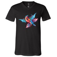 Red And Blue Flying Dragons V-Neck T-Shirt