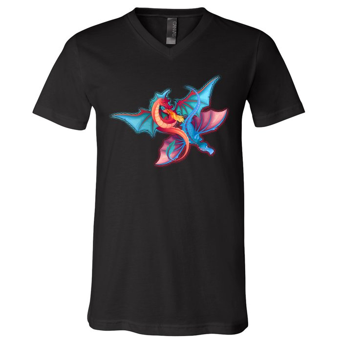 Red And Blue Flying Dragons V-Neck T-Shirt