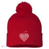 Red For Ed Apple Heart Pom Pom 12in Knit Beanie