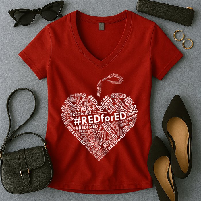 Red For Ed Apple Heart Women's V-Neck T-Shirt