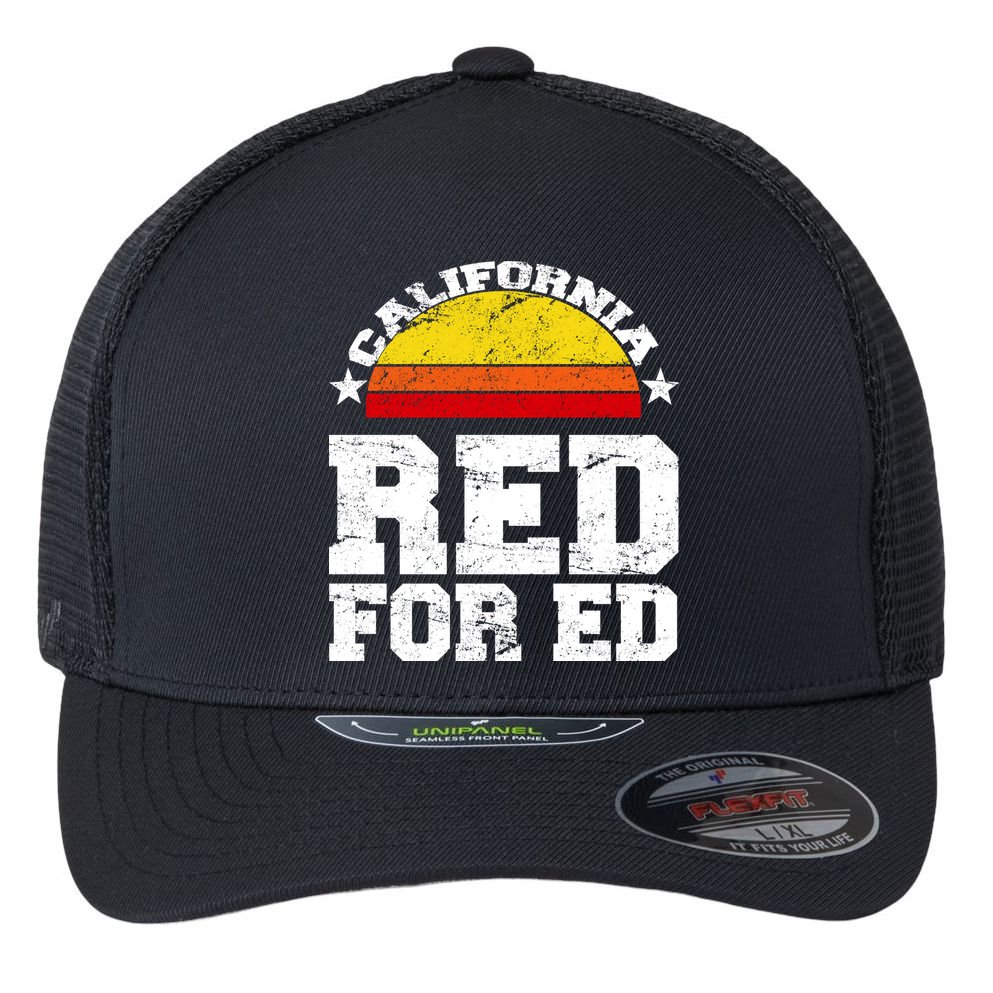 Red For Ed California Sunset Disstressed Flexfit Unipanel Trucker Cap