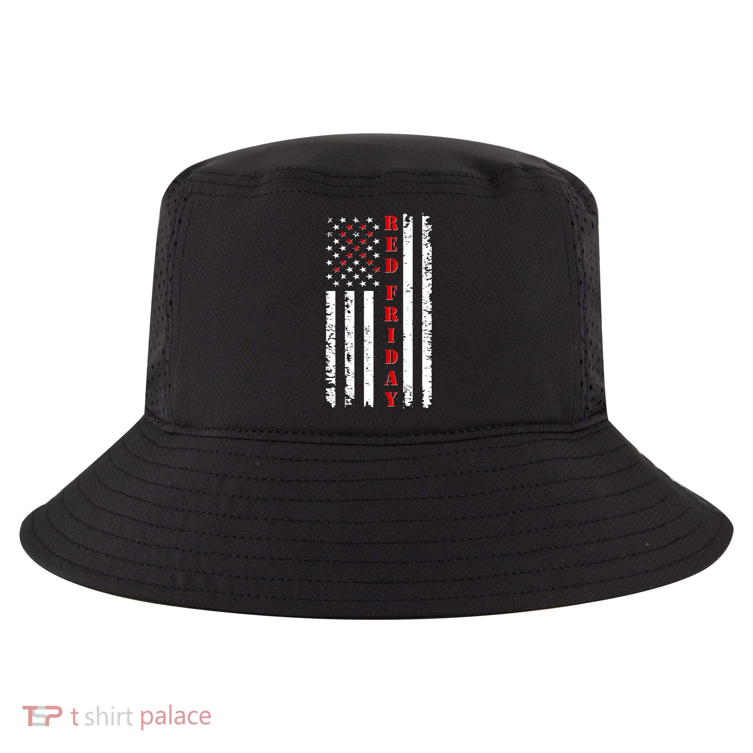 Red Friday Distressed Ribbon US Flag Support Veterans Cool Comfort Performance Bucket Hat