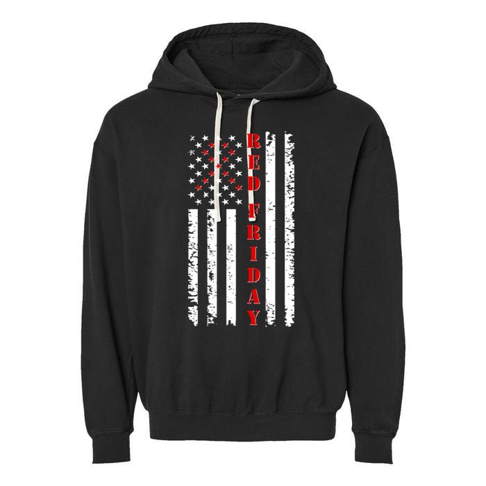 Red Friday Distressed Ribbon US Flag Support Veterans Garment-Dyed Fleece Hoodie