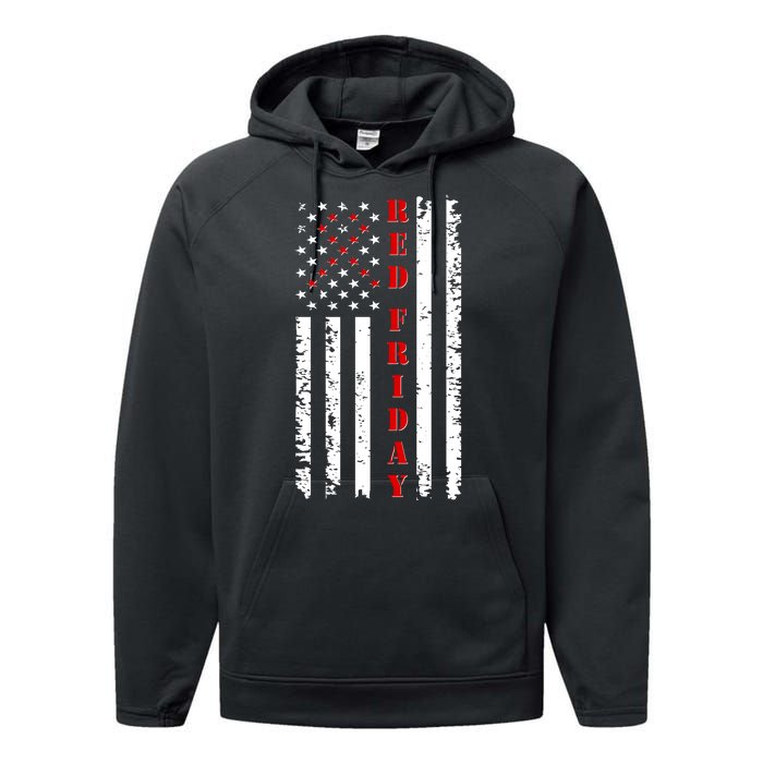 Red Friday Distressed Ribbon US Flag Support Veterans Performance Fleece Hoodie