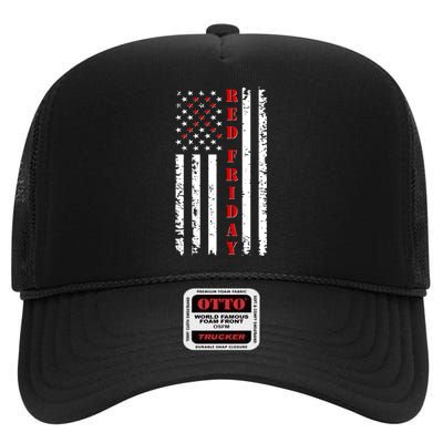 Red Friday Distressed Ribbon US Flag Support Veterans High Crown Mesh Back Trucker Hat