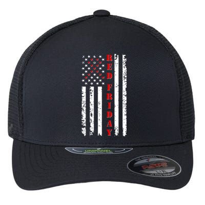 Red Friday Distressed Ribbon US Flag Support Veterans Flexfit Unipanel Trucker Cap