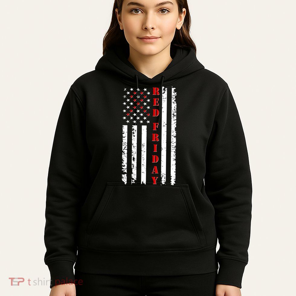 Red Friday Distressed Ribbon US Flag Support Veterans Hoodie
