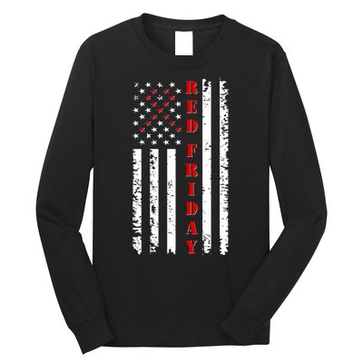 Red Friday Distressed Ribbon US Flag Support Veterans Long Sleeve Shirt