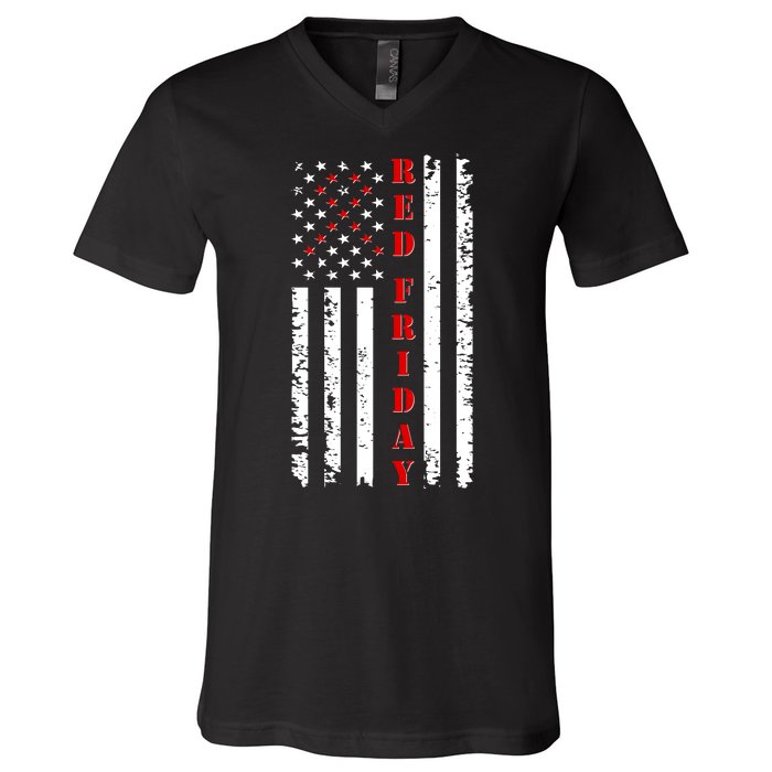 Red Friday Distressed Ribbon US Flag Support Veterans V-Neck T-Shirt