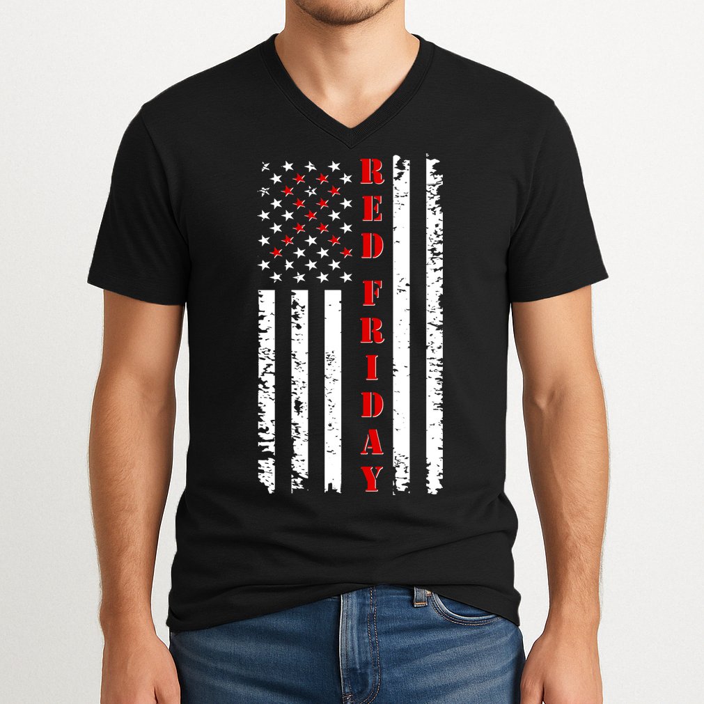 Red Friday Distressed Ribbon US Flag Support Veterans V-Neck T-Shirt