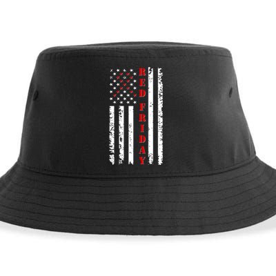 Red Friday Distressed Ribbon US Flag Support Veterans Sustainable Bucket Hat