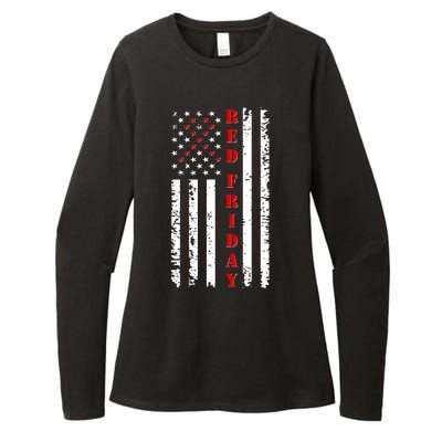 Red Friday Distressed Ribbon US Flag Support Veterans Womens CVC Long Sleeve Shirt