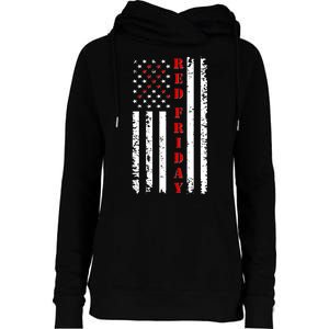 Red Friday Distressed Ribbon US Flag Support Veterans Womens Funnel Neck Pullover Hood