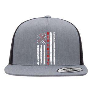 Red Friday Distressed Ribbon US Flag Support Veterans Flat Bill Trucker Hat